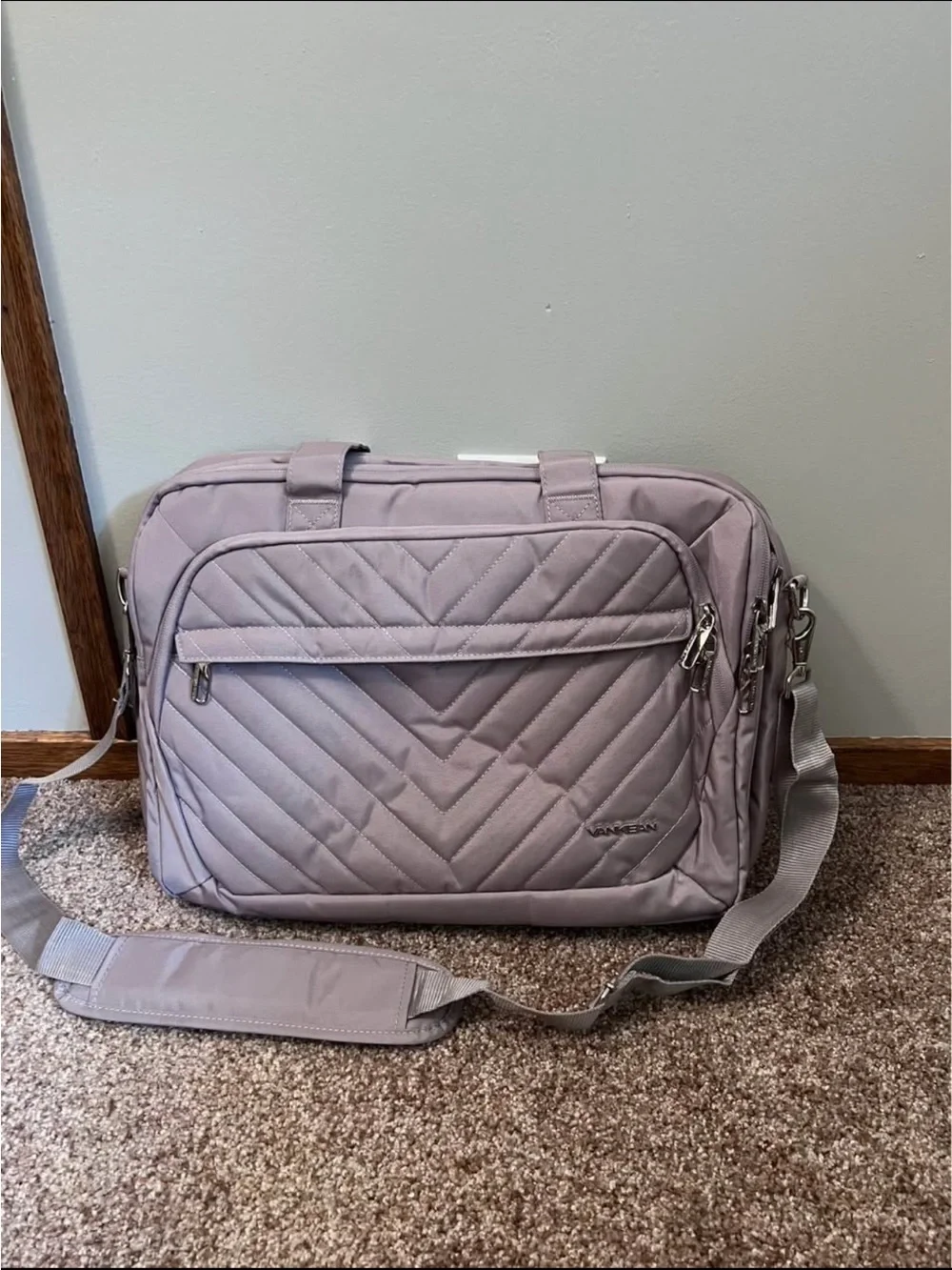Light Lavender Quilted Laptop Shoulder Bag with Detachable Strap